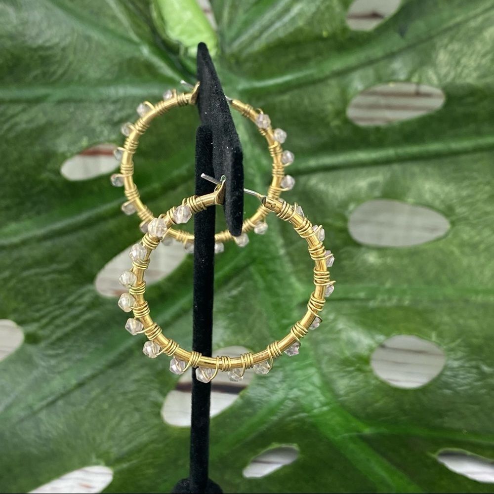 Beaded‎ Wire Wrap Hoop Earrings Purple Gold